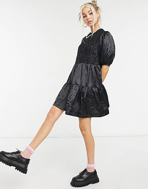 Women COLLUSION crinkle satin tiered satin smock dress in black 