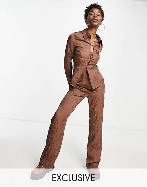 Women COLLUSION crinkle satin trouser co-ord in brown 