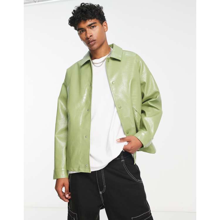 COLLUSION croc faux PU jacket with borg lining in sage green | ASOS