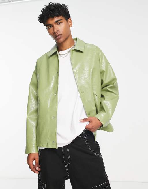 COLLUSION croc faux PU jacket with borg lining in sage green | ASOS