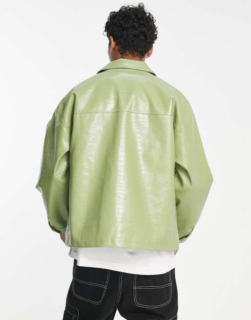 COLLUSION croc faux PU jacket with borg lining in sage green | ASOS