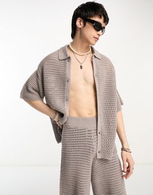 COLLUSION crochet boxy shirt in grey co-ord