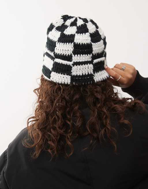 COLLUSION crochet check beanie in black and ecru