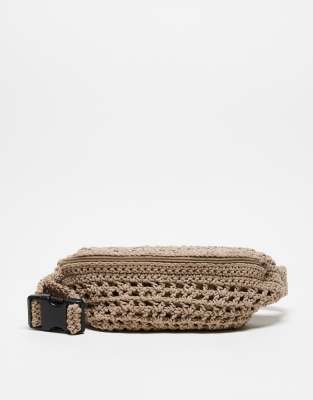 COLLUSION crochet cross body bum bag in stone