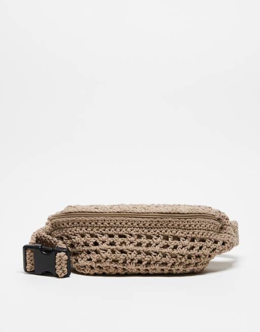 COLLUSION crochet cross body bum Grey bag in stone