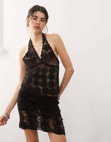 COLLUSION crochet knit halter neck top in black - view 1