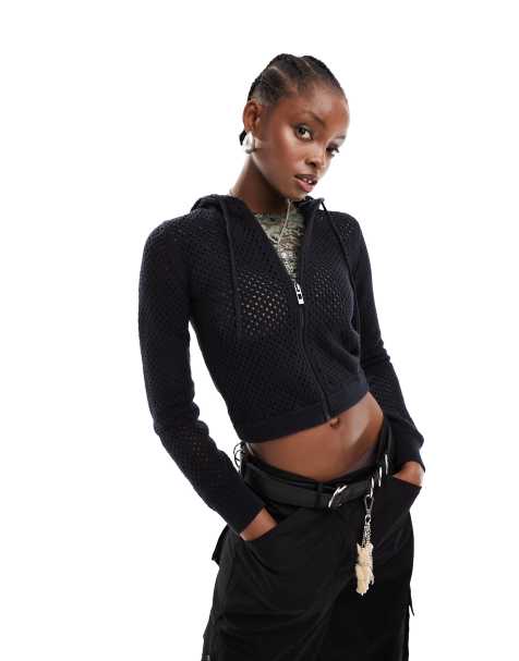 COLLUSION crochet knit hoodie in black - view 1