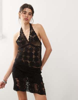 COLLUSION crochet knitted halter neck top in black