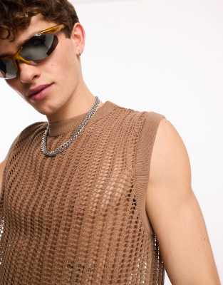 Collusion Crochet Knitted Oversized Tank Top In Brown