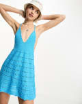 COLLUSION crochet mini summer dress in aqua blue-Multi