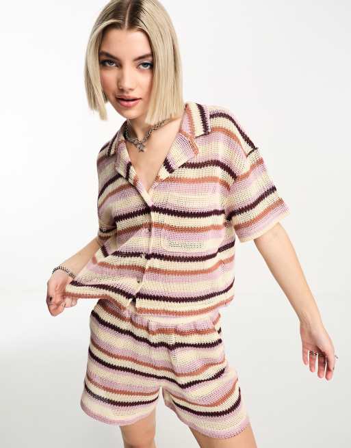 COLLUSION crochet stripe cropped shirt in multi 