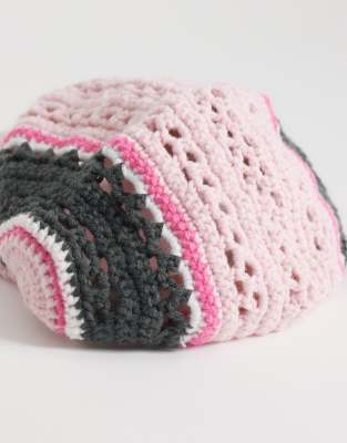 Collusion Crochet Stripe Flat Cap In Neutral
