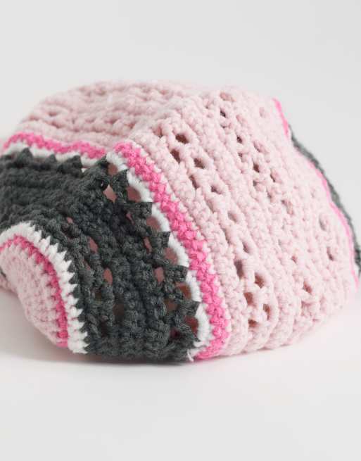 COLLUSION crochet stripe flat cap in pink, 2 of 3