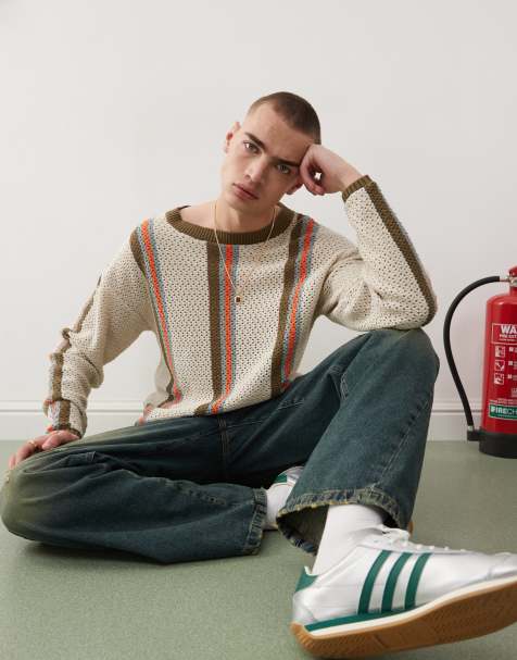 COLLUSION crochet stripe polo jumper in grey - view 1