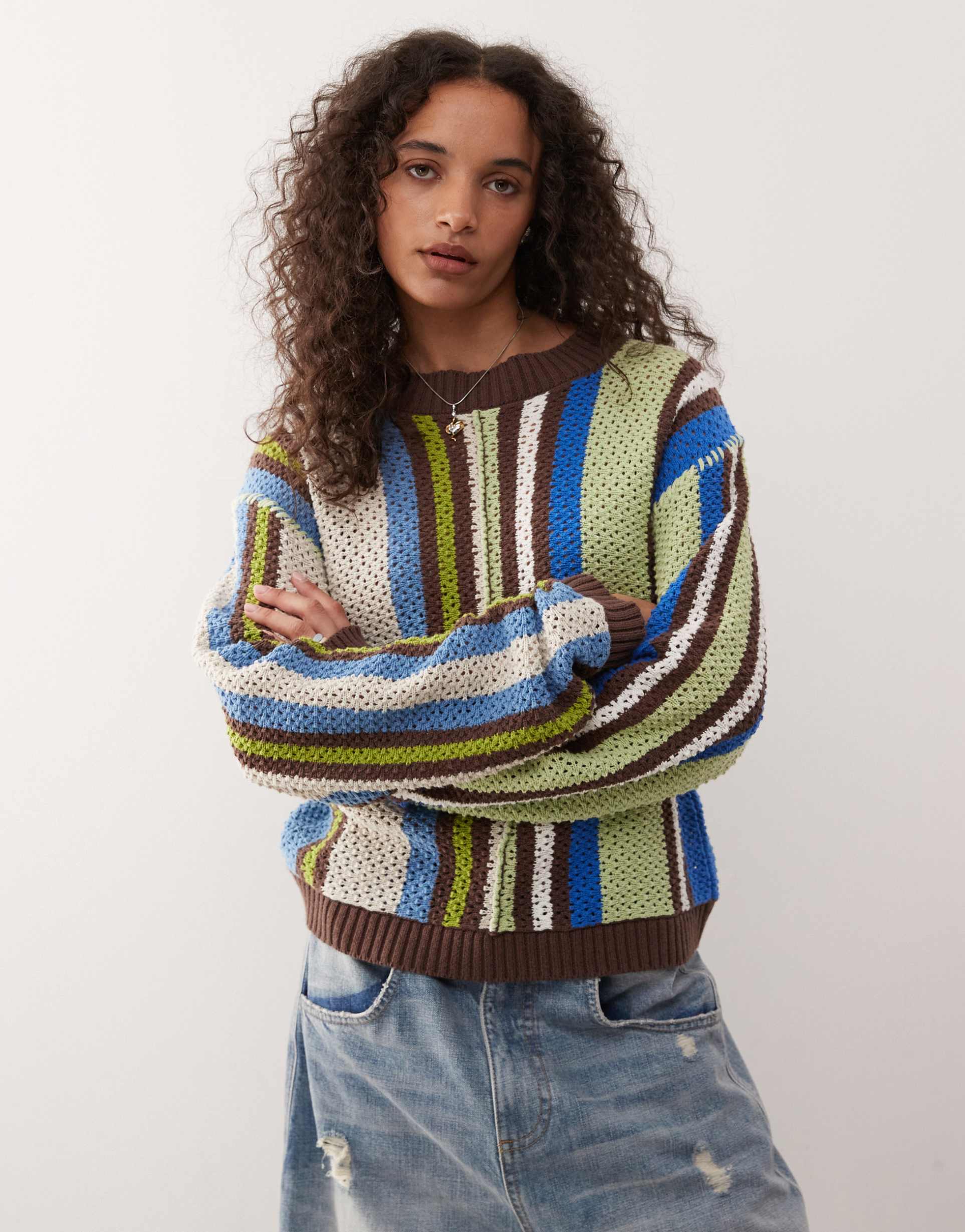 collusion crochet striped sweater in multi