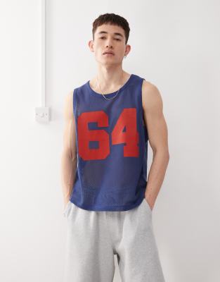 asos COLLUSION Crochet tank vest in blue with varsity number print