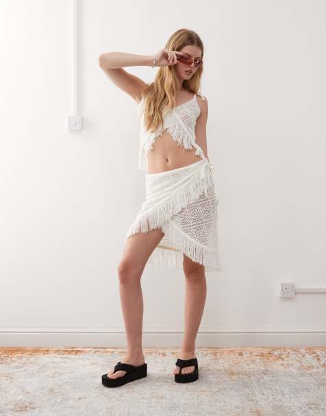 COLLUSION crochet tassel wrap skirt in cream - view 1