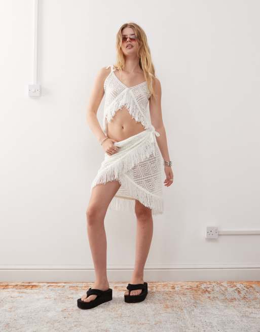 COLLUSION crochet tassels bralette top in cream, 3 of 4