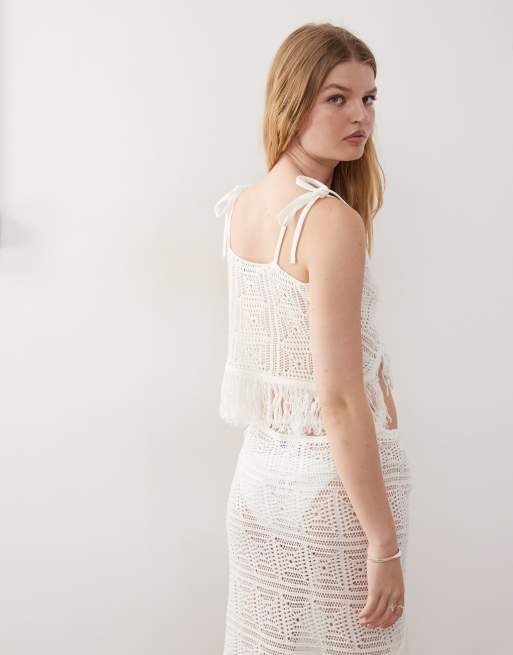 COLLUSION crochet tassels bralette top in cream, 4 of 4
