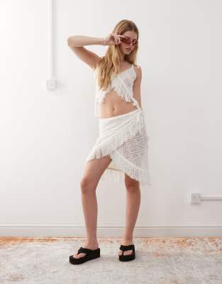 crochet tassels wrap skirt in cream-White