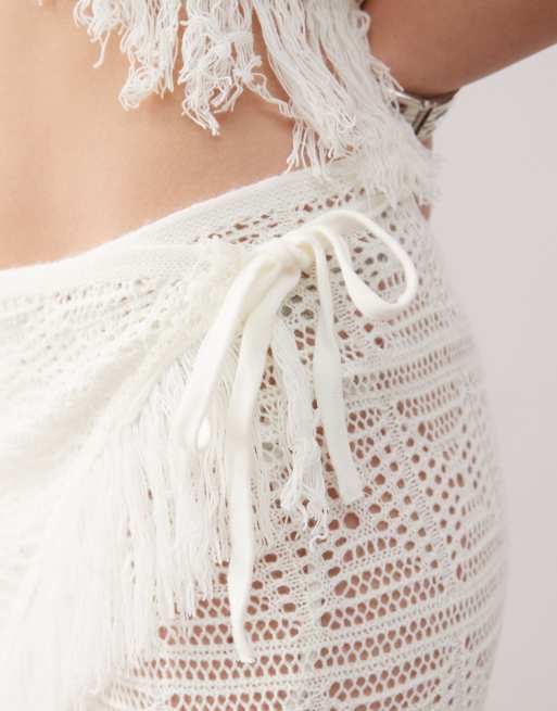 COLLUSION crochet tassels wrap skirt in cream, 5 of 5