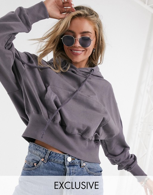 COLLUSION crop basic oversized hoodie in grey