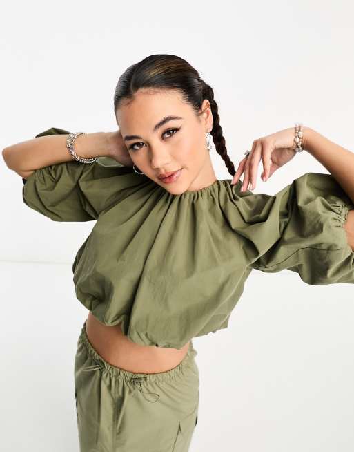 COLLUSION crop bubble hem top in khaki