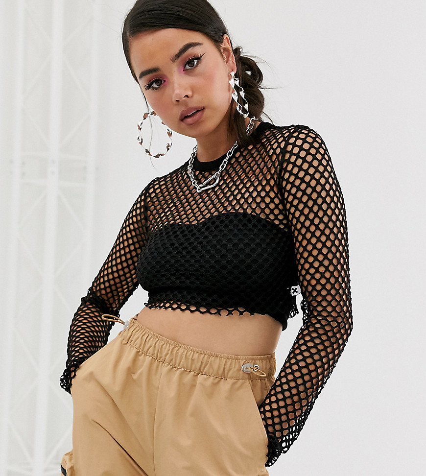COLLUSION crop fishnet top with long sleeve with tab-Black