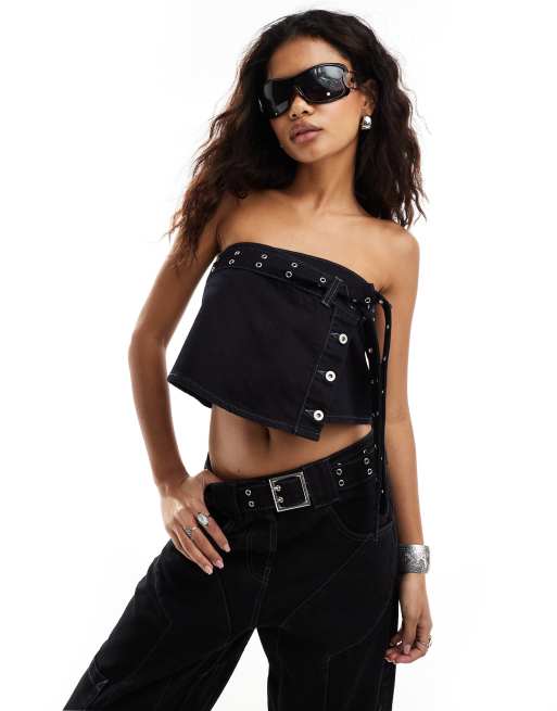 COLLUSION - Crop top bandeau en denim style festival à ceinture - Noir
