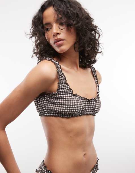 COLLUSION - Crop top bikini marrone a quadretti in seersucker con volant - view 1