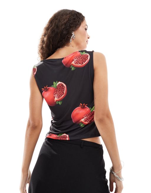 COLLUSION - Crop top con scollo a barchetta e stampa di melograni, 3 di 4