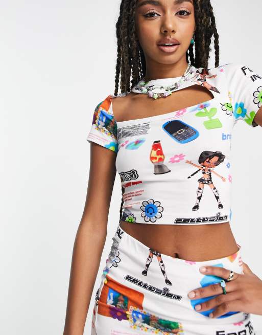 COLLUSION - Crop top multicolore con cut-out e stampa Y2K in coordinato 