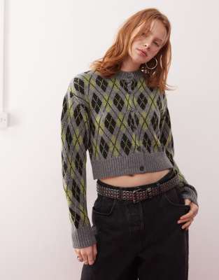 Collusion COLLUSION cropped argyle knitted cardi in grey