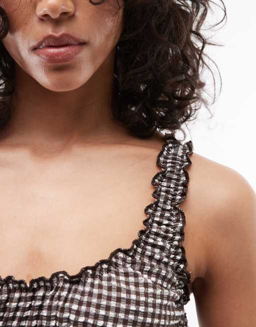 COLLUSION – Cropped-Bikinioberteil aus Seersucker mit braunem Vichy-Karo und Rüschen, 3 von 4