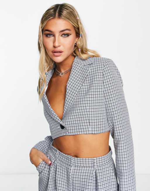 COLLUSION cropped blazer in blue micro plaid part of a set ASOS
