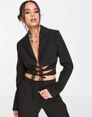 COLLUSION cropped blazer with tie detail in black co-ord