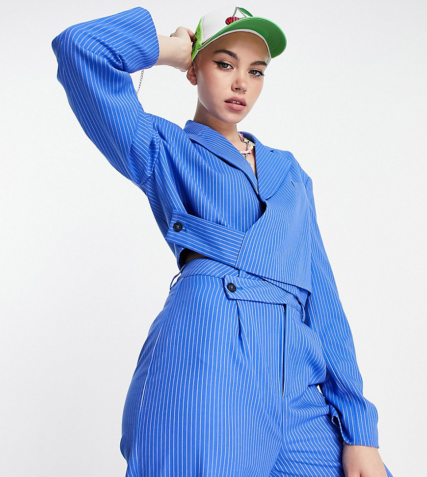 COLLUSION cropped blazer with wrap detail in blue pinstripe co-ord