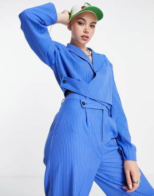 Collusion Cropped Blazer With Wrap Detail In Blue Pinstripe - Part Of A Set