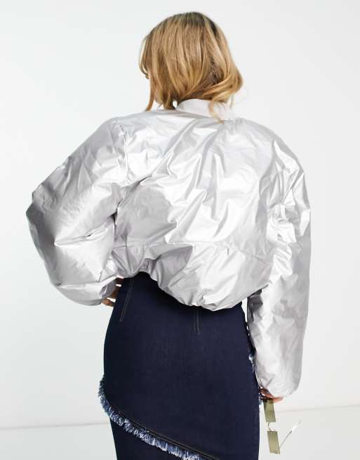 Metallic Cropped Break Line Bomber Jacket - Silver Metallic