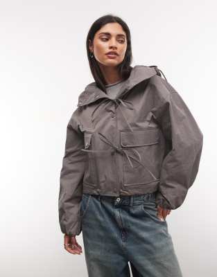 Collusion Cropped Bow Tie Hooded Jacket In Gray