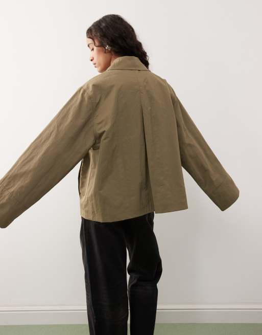 COLLUSION cropped bow tie trench jacket in khaki