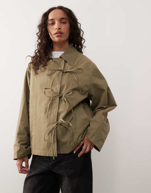 COLLUSION cropped bow tie trench jacket in khaki