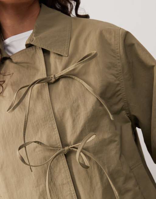 COLLUSION cropped bow tie trench jacket in khaki