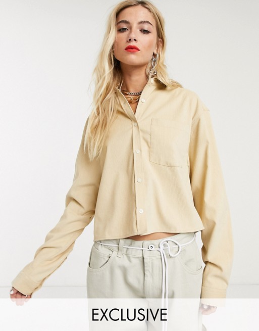 COLLUSION cropped cord shirt in tan
