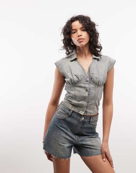 COLLUSION cropped denim button top with cap sleeve in lightwash co-ord - view 1