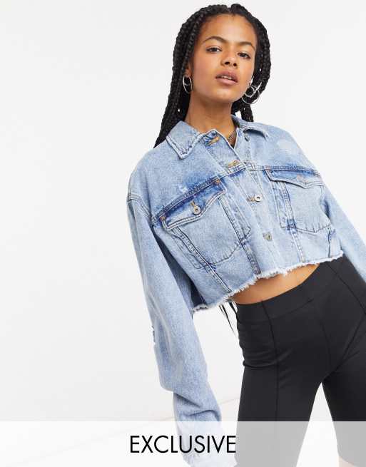 COLLUSION cropped denim jacket in stonewash in blue