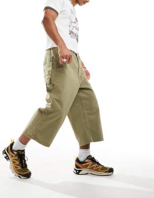 COLLUSION cropped denim skate festival jorts in washed khaki - KHAKI-Green