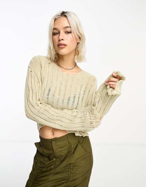 COLLUSION - Cropped distressed trui met gerafelde zoom in stone