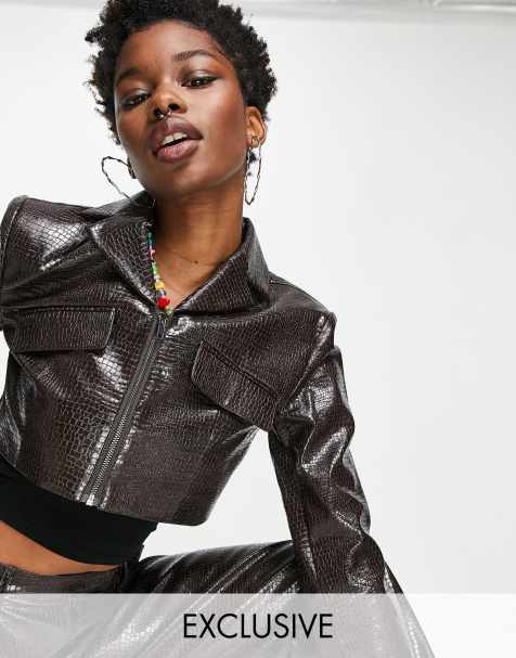 COLLUSION cropped faux leather jacket in brown co-ord 