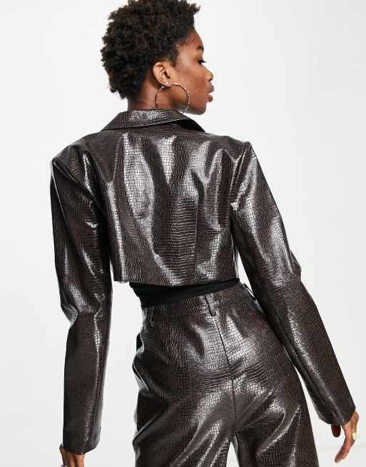 COLLUSION cropped faux leather jacket in brown co-ord , 2 of 4